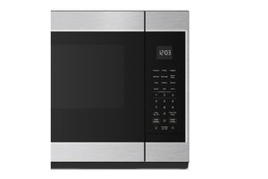 Un horno microondas de acero inoxidable y color negro, con pantalla digital y panel de control táctil en el lado derecho, mostrado sobre un fondo blanco liso.
