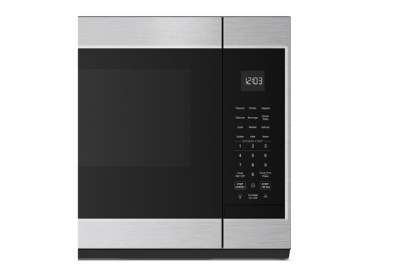 Un horno microondas de acero inoxidable y color negro, con pantalla digital y panel de control táctil en el lado derecho, mostrado sobre un fondo blanco liso.