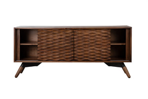 Mesa de consola hecha de madera con cuatro estantes y dos puertas corredizas sobre un fondo blanco. 
