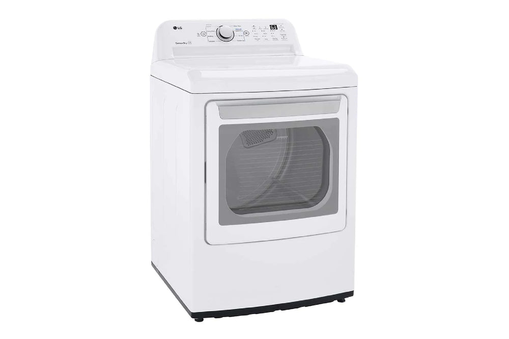 Secadora blanca de marca 'LG' sobre fondo blanco. 