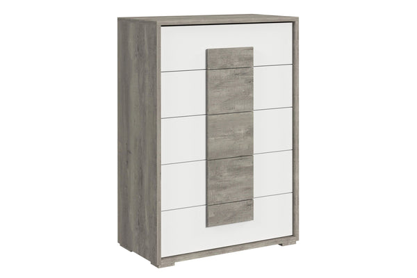 Chest de madera con colores gris claro y blanco y con cinco gavetas sobre un fondo blanco. 