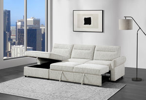 Sofá chaise blanco con almacenamiento  en un entorno de sala y con ventanas con fondo de ciudad. 