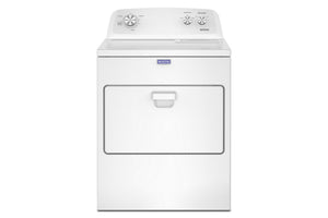 Una secadora de ropa Maytag de carga frontal, de color blanco, con un panel de control superior y una manija de puerta frontal grande, mostrada sobre un fondo blanco liso.