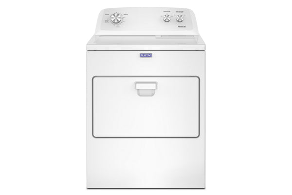 Una secadora de ropa Maytag de carga frontal, de color blanco, con un panel de control superior y una manija de puerta frontal grande, mostrada sobre un fondo blanco liso.