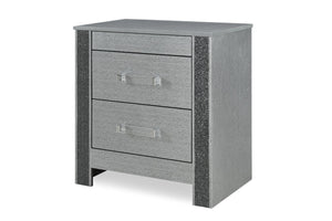 Mesa de noche gris texturizada con dos gavetas sobre fondo blanco.