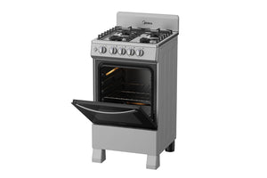 Horno de acero inoxidable de marca Midea con puerta abierta sobre fondo blanco.