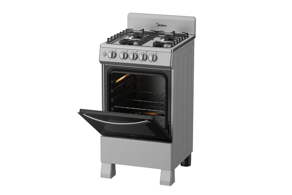 Horno de acero inoxidable de marca Midea con puerta abierta sobre fondo blanco.