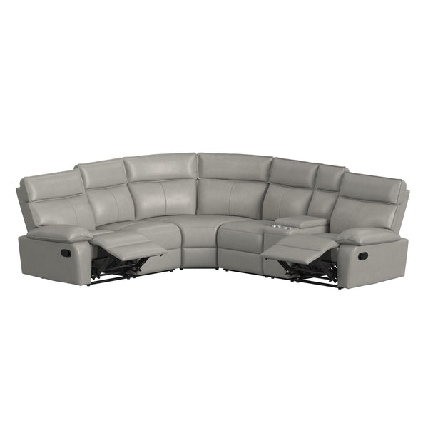 Sofá modular gris con asientos reclinables sobre fondo blanco.