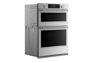 Horno doble empotrado de acero inoxidable con compartimento de almacenamiento lateral integrado, dos puertas de cristal negro y pantalla de control digital en el panel superior.