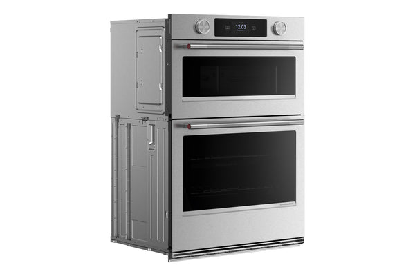 Horno doble empotrado de acero inoxidable con compartimento de almacenamiento lateral integrado, dos puertas de cristal negro y pantalla de control digital en el panel superior.