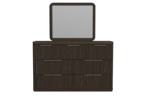 Gavetero con espejo hecho de madera de color marrón oscuro con siete gavetas sobre un fondo blanco. 