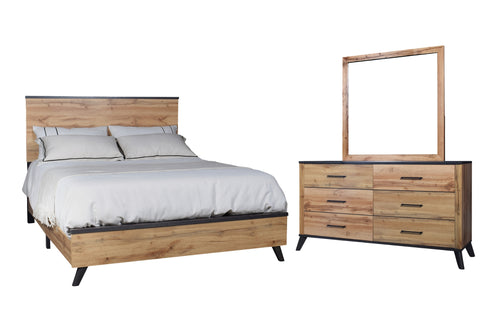 Juego de habitación de madera con cama y gavetero con espejo sobre fondo blanco.