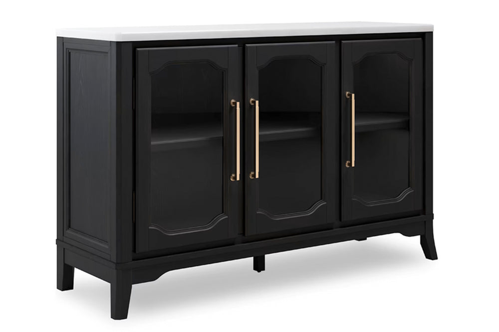 Un servidor de madera negra con superficie blanca, que cuenta con tres puertas con frente de vidrio, tiradores dorados y paneles decorativos, mostrado sobre un fondo blanco.