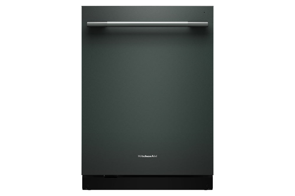 Un lavavajillas empotrado con una puerta gris carbón oscuro mate y un tirador horizontal de acero inoxidable, mostrado sobre un fondo blanco liso.