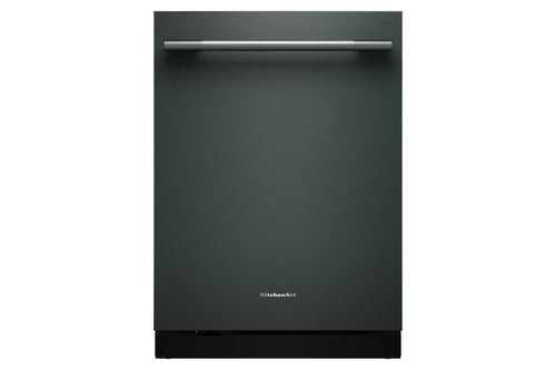 Un lavavajillas empotrado con una puerta gris carbón oscuro mate y un tirador horizontal de acero inoxidable, mostrado sobre un fondo blanco liso.