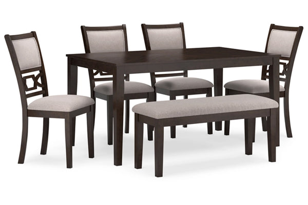 Juego de comedor con mesa y cuatro sillas sobre fondo blanco.