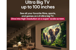 Televisor LG Ultra Big que muestra un elefante en una escena de bosque con texto promocional.