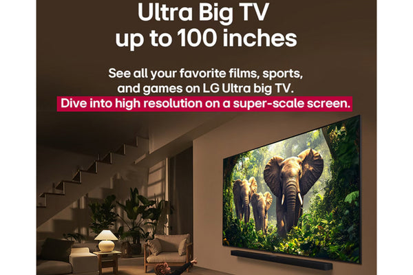 Televisor LG Ultra Big que muestra un elefante en una escena de bosque con texto promocional.