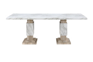 Mesa de mármol con una combinación de colores blanco y beige sobre un fondo blanco.