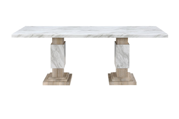 Mesa de mármol con una combinación de colores blanco y beige sobre un fondo blanco.