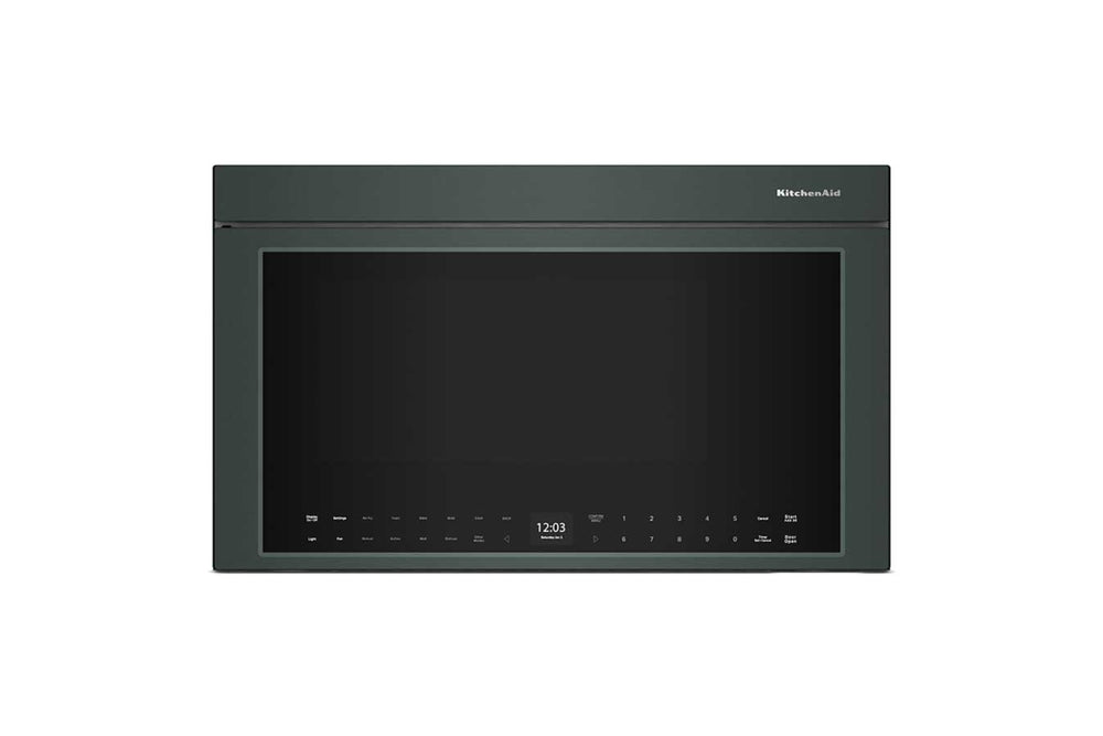 Un horno microondas empotrable con acabado en verde, puerta de cristal negro y panel de control digital en el borde inferior derecho, mostrado sobre un fondo blanco liso.