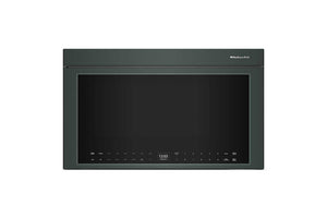 Un horno microondas empotrable con acabado en verde, puerta de cristal negro y panel de control digital en el borde inferior derecho, mostrado sobre un fondo blanco liso.