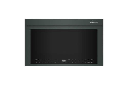 Un horno microondas empotrable con acabado en verde, puerta de cristal negro y panel de control digital en el borde inferior derecho, mostrado sobre un fondo blanco liso.