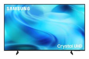 Televisor Samsung Crystal UHD con un diseño abstracto azul en la pantalla.