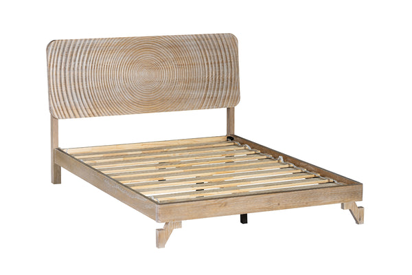 Vista lateral de estructura de cama de madera natural clara con cabecero de listones y base de listones a juego, mostrada sobre un fondo blanco liso.